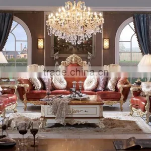 Luxury Solid Wood Red Leather Sofa, Royal Living Room Leather Sofa thumbnail-2