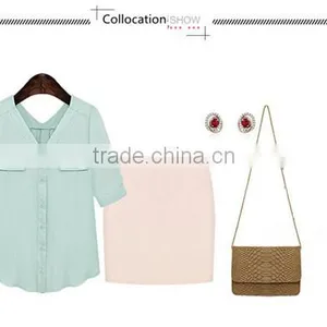 New Design 2 Colors Choice V Neck Short Sleeve Plus Size Women Chiffon Fabric Shirt thumbnail-4