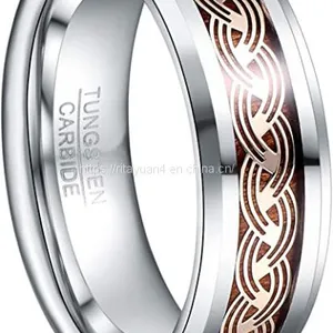 2020 New Arrival T243R NUNCAD Men's 8mm Tungsten Carbide Ring Gold Celtic Knot and Wood Inlay Wedding Band Size 7-12 thumbnail-1