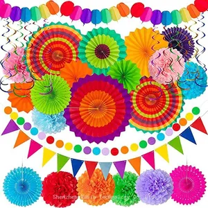 20pcs Birthday Party Handmade Paper Flower Reusable Set With Hanging Paper Fan Decoration thumbnail-1