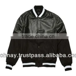 Black Leather Wool Varsity Jacket thumbnail-1