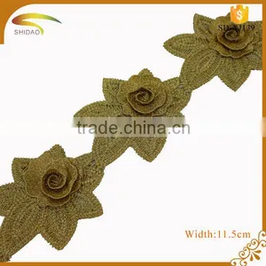 Antique Metallic GOLD 3D Flower Indian Bridal Lace Trim Wholesale for Girl Dresses XJ139 thumbnail-1