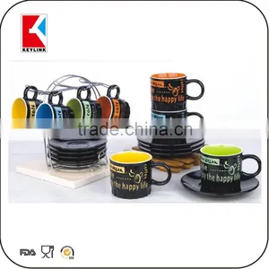Black Outside Color Inside in Metal Holder 90cc Espresso Cups 12pcs Ceramic Cup and Saucer thumbnail-1