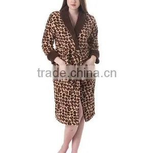 Women's Solid Collar Animal Print Plush Robe--Brown thumbnail-1