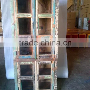 VINTAGE RECYCLE WOODAND GLASS TALL CABINET thumbnail-1