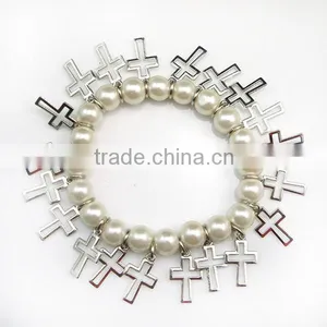 Handmade Bracelet Chain With 8 mm White Glass Beads and Hollow-out Cross thumbnail-4