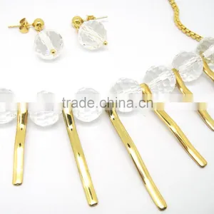 Stainless Steel Gold Tone Bar Tassel Crystal Jewelry Set Necklace thumbnail-3