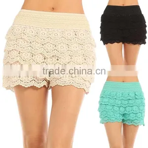 Sexy Tiered Crochet Lace Stretch Waist Shorts Women TIERED FLORAL CROCHET SHORTS thumbnail-1