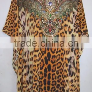 ANIMAL Print Crystal Embellished Caftan Crepe KAFTAN Tunic Poncho Blouse thumbnail-1