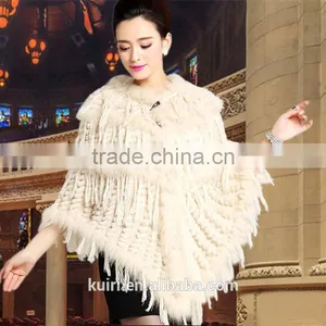 2016 Fashion Poncho Real Natural Knitted Rabbit Fur Wrap With Tassels Small Cape Stole Shawls Scarf Free Ship Wholesale Retail thumbnail-1