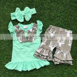 Girls Summer Outfits Baby Girls Boutique Clothing Girls Reindeer Outfits Bib Top Grey Ruffle Shorts With Matching Headband thumbnail-1