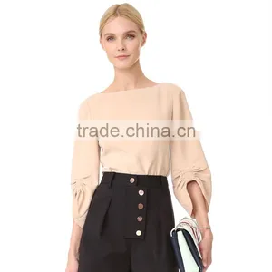 2017 OEM Smocked Elastic Gathered Cuff Wide Neckline Stylish Blouse thumbnail-2