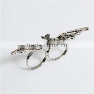 3D Adjustable Double Finger Ring Antique Silver Halloween Bat Animal Round 14.3mm thumbnail-1