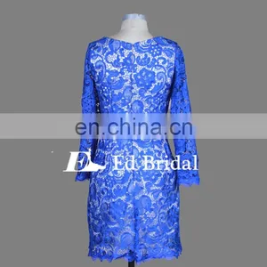 Cheap Royal Blue Scoop Neckline Knee Length Short Lace Pattern Evening Dress Long Sleeve thumbnail-2