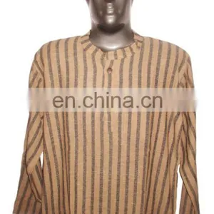 Full Sleeve Short Khadi Yoga Kurta Striped, Size : Chest 46 x Height 30 Inches (medium). thumbnail-2