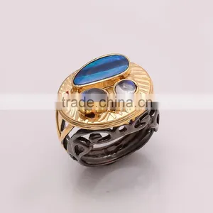 925 SOLID STERLING FINE SILVER ETHOPIAN OPAL & RAINBOW MOONSTONE RING BLACK & GOLD RHODIUM thumbnail-1