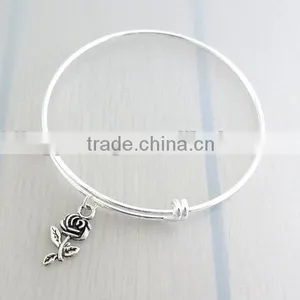 Custom Jewelry Handmade Silver Rose Flower Charm Bangle Adjustable thumbnail-1