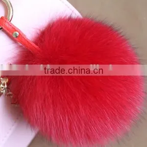 New Arrival Fluffy Big Round 14cm Red Fox Fur Pom Poms With Keychain thumbnail-1