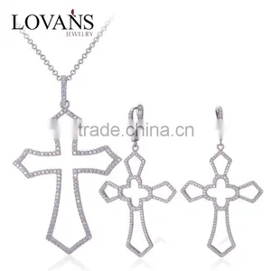 Indian Silver Cross Zircon Earrings Pendant Jewelry Set E009A thumbnail-1