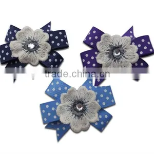 Beautiful Pokladot Ribbon Flower Barrettes With Lace and Rhinestone thumbnail-1