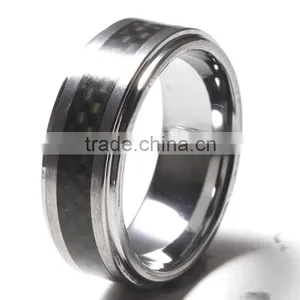 Step Down Edge Shiny Polished Wood Grain Paper Inlay Tungsten Rings thumbnail-2