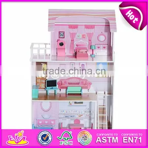 New Design 13 Pieces of Furniture 3 Floor Pretend Play Pink Wooden Cottage Dollhouse for Children W06A230 thumbnail-2