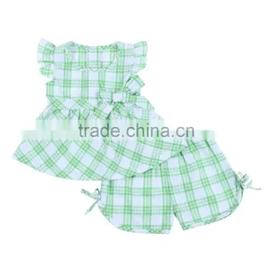 100% Cotton Seersucker Girl Plaid Outfits Infant Girls Candy Dress Sets Shorts Girls Boutique Outfits thumbnail-5