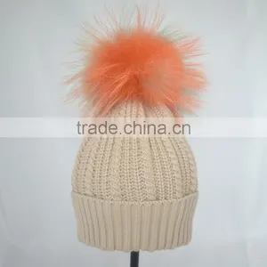 Myfur Random Color Raccoon Fur Pompom Knit Beanie Hat Wholesale thumbnail-3