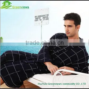 Men Cotton Bathrobe Plaid White and Black Cheap Cotton Men Bathroom Robes thumbnail-3