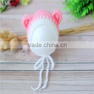 Newborn Knit Bonnet Crochet Mohair Bonnet Ruffle Mohair Hat Knit Bear Hat Baby Photography Props thumbnail-3