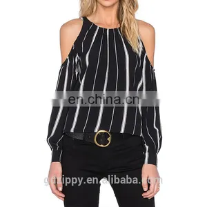 Fashion Cutting Chiffon Blouse Design Black Withe Stripe Cold Shoulder Lady Blouse thumbnail-4