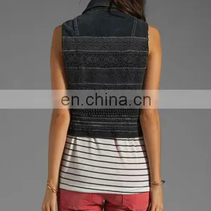 Fashion Women Denim Vest Washed Sleeveless Snap Black Denim Jacket thumbnail-3