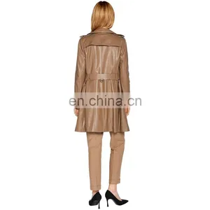 Women Lambskin Leather Double Breasted Long Jacket Coat With Belt thumbnail-3
