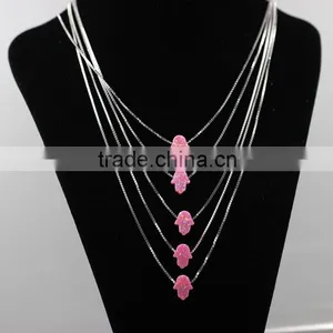 High Quality Synthetic Pink Opal Hamsa/Hand Opal 18K Gold Plated 925 Sterling Silver Box Chain Necklace Made in China thumbnail-3