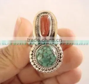 Sterling Silver Coral & Turquoise. Ring, Semiprecious Ring, Sterling Silver Rings thumbnail-1