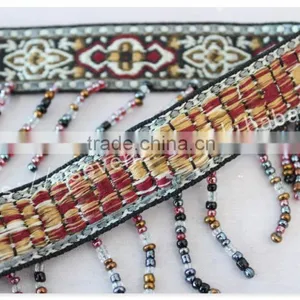 Newest Design 5 cm Width Ethnic Embroidery Nylon Webbing With Beaded Fringe thumbnail-4