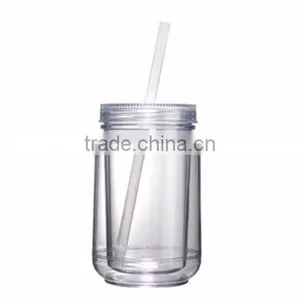 16OZ Mason Jar Cup Blank Clear Double Wall Insulated Tumbler Travel Mug Straw thumbnail-2