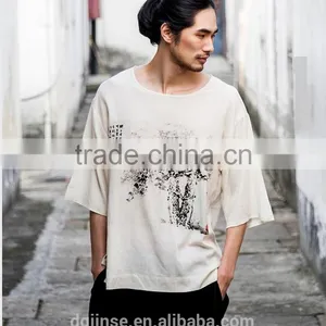 The Chinese Style Summer New Loose Cotton and Linen Men Round Hem Chinese Ink and Wash Printing Half Sleeve Mens t Shirt thumbnail-2