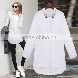 The Ladies Spring Autumn Womens Long Sleeve Order Bead Set Auger Shirt Cotton Simple Plain Long White Blouse for Girls thumbnail-1