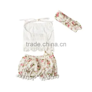 High Quality Baby Girls Clothes 2 Pieces Floral Pompom Outfits For Toddler Girls thumbnail-2
