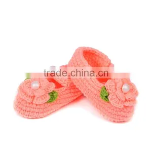 Green Leaves Embellished Hand Made Crochet Knitting Flower Girl Shoes thumbnail-1
