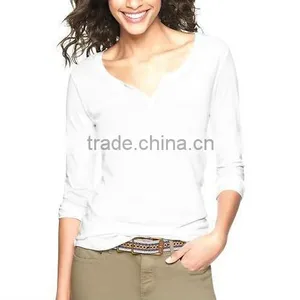 White Long Sleeve Deep V Neck t Shirt for Women thumbnail-1