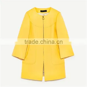 2017 OEM New Style Elegant Thin Pure Color Yellow Spring Autumn Long Coat thumbnail-6