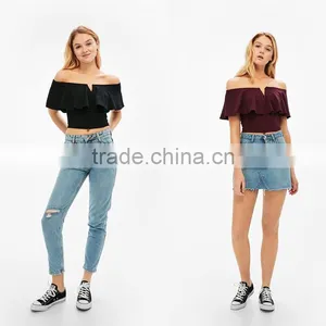 2017 Summer Popular Ladies Sexy Bardot Neckline Ruffled T-shirt thumbnail-6