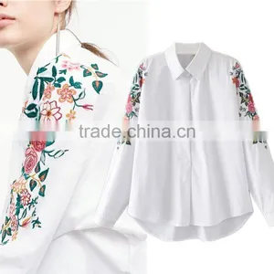 2017 Spring and Summer National Style Embroidered Long Sleeve Blouse Lapel Embroidery White Cotton Shirt thumbnail-1