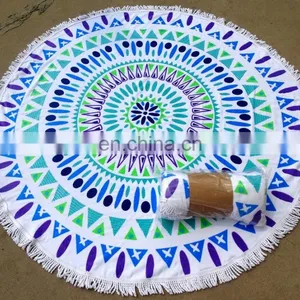 Printed Velour %100 Cotton Round Beach Towel With Polyester Fringes thumbnail-1