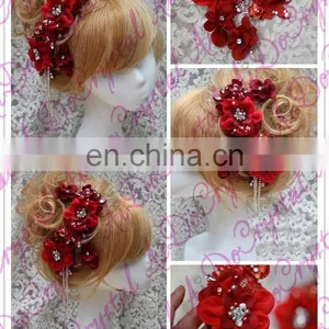 Aidocrystal Red Gradient Gem Combs the Bride Lace Flannelette Handmade Hair Accessories thumbnail-2