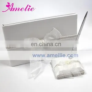 A8125 Stock Market Ivory Color With Ribbon Pearl Wedding Guestbook and Pen Set thumbnail-1