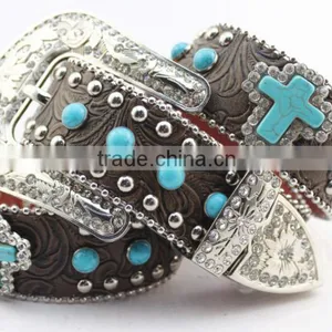 Floral Embossed Cowgirl Leather Western Turquoise Stone Studded Belts thumbnail-3