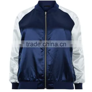 Plus Size Jackets 100% Polyester Blue Colour Block Zipper Bomber Jacket Women Plus Size Winter Coats With Raglan Sleeves thumbnail-1
